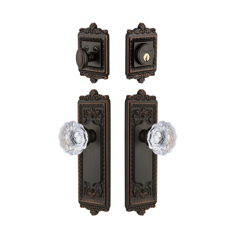 Windsor Plate With Fontainebleau Crystal Knob & Matching Deadbolt In Timeless Bronze
