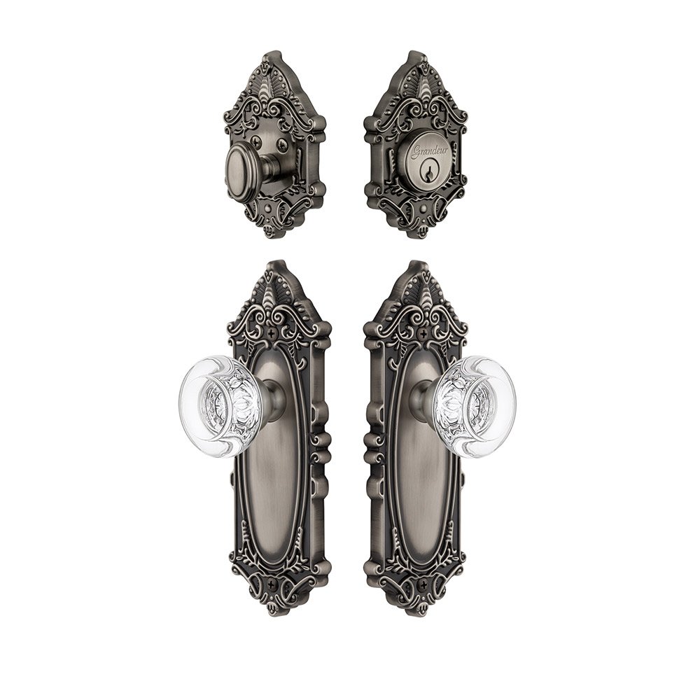 Handleset - Grande Victorian Plate With Bordeaux Crystal Knob & Matching Deadbolt In Antique Pewter