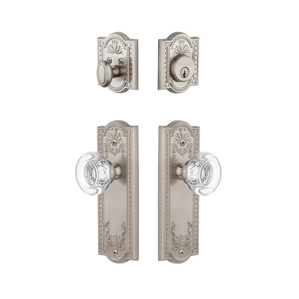 Parthenon Plate With Bordeaux Crystal Knob & Matching Deadbolt In Satin Nickel