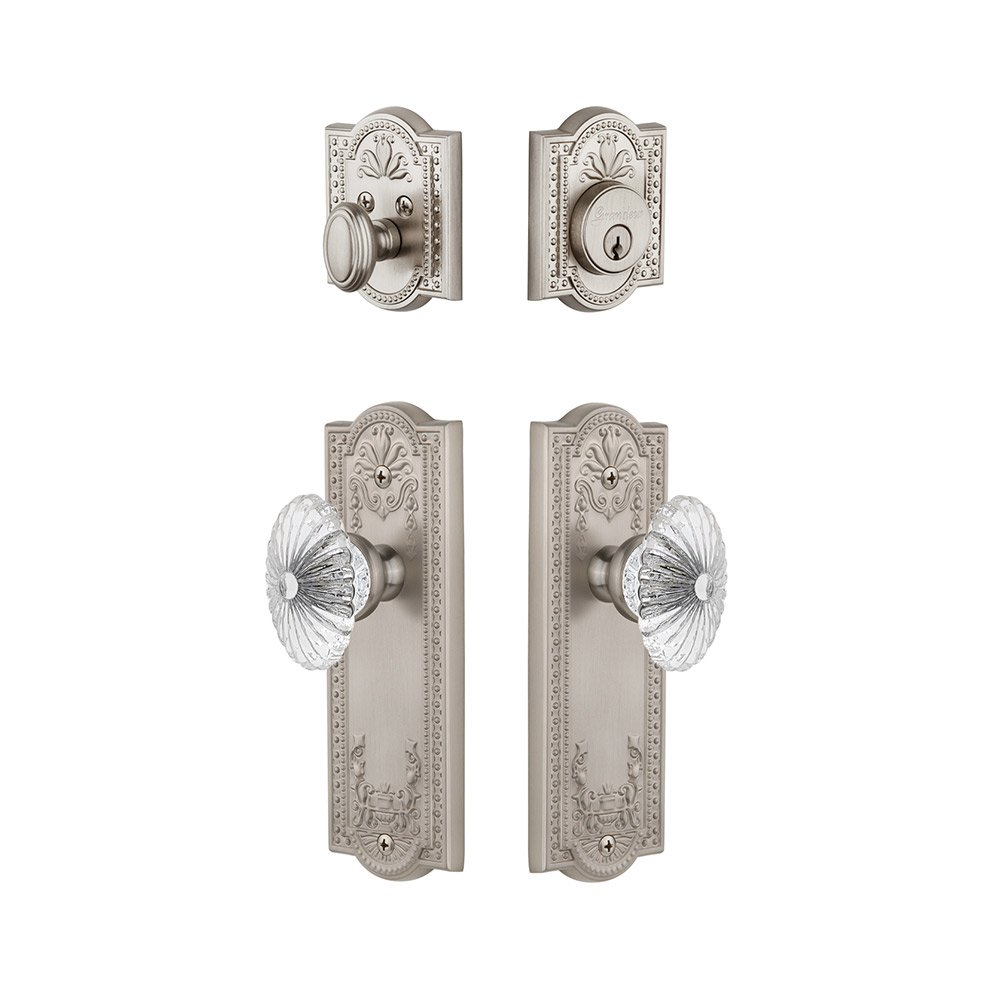 Parthenon Plate With Burgundy Crystal Knob & Matching Deadbolt In Satin Nickel