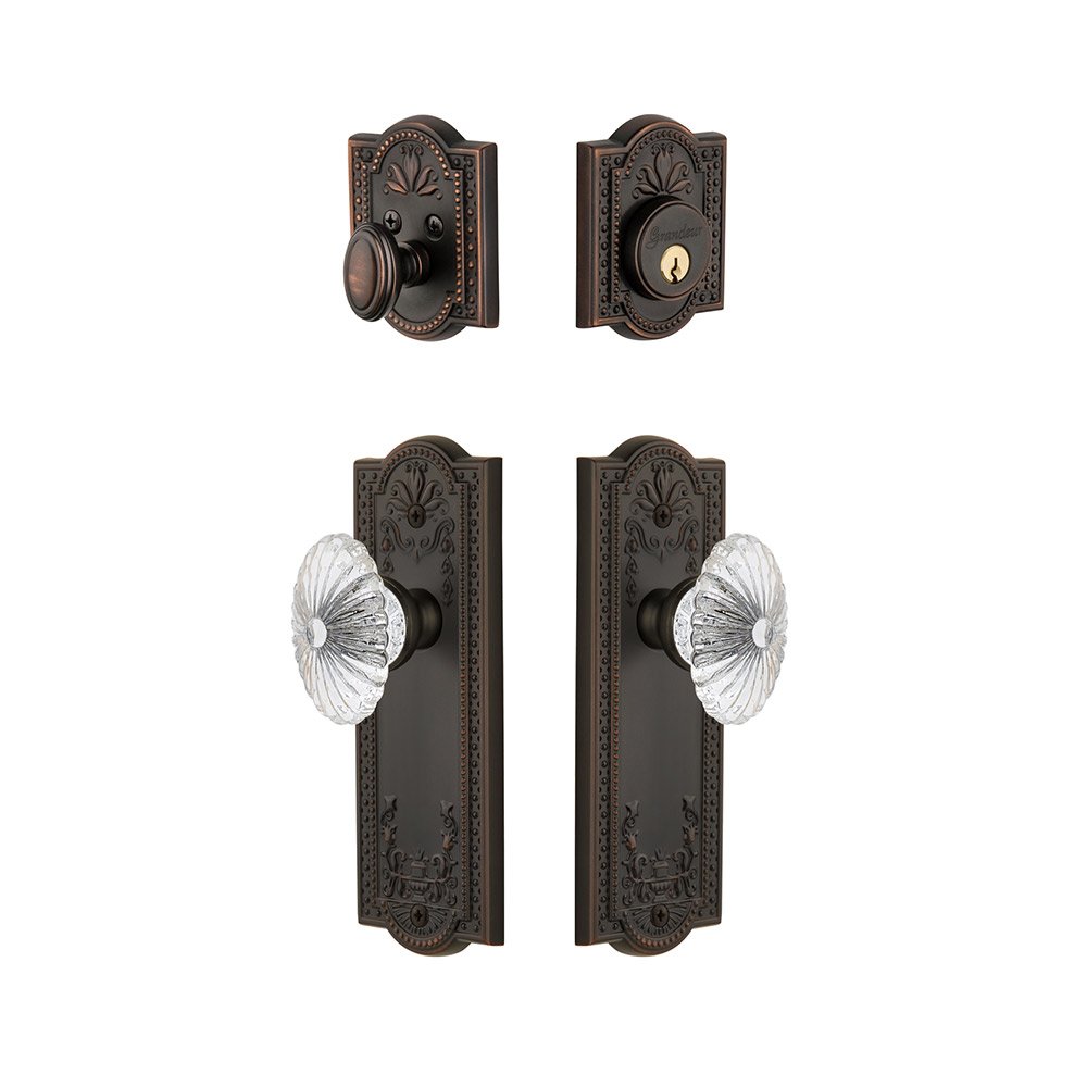 Parthenon Plate With Burgundy Crystal Knob & Matching Deadbolt In Timeless Bronze