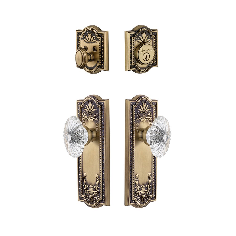 Parthenon Plate With Burgundy Crystal Knob & Matching Deadbolt In Vintage Brass