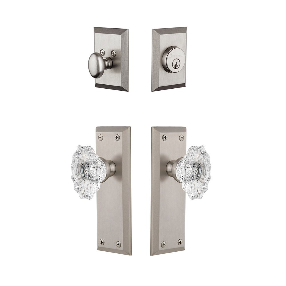Fifth Avenue Plate With Biarritz Crystal Knob & Matching Deadbolt In Satin Nickel