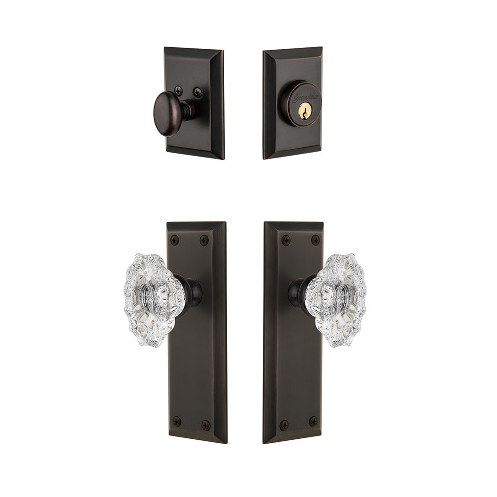 Fifth Avenue Plate With Biarritz Crystal Knob & Matching Deadbolt In Timeless Bronze