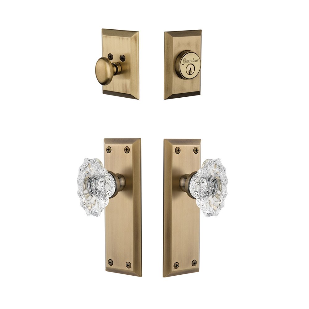 Fifth Avenue Plate With Biarritz Crystal Knob & Matching Deadbolt In Vintage Brass