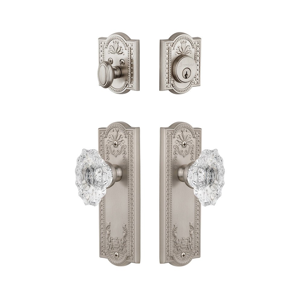 Parthenon Plate With Biarritz Crystal Knob & Matching Deadbolt In Satin Nickel