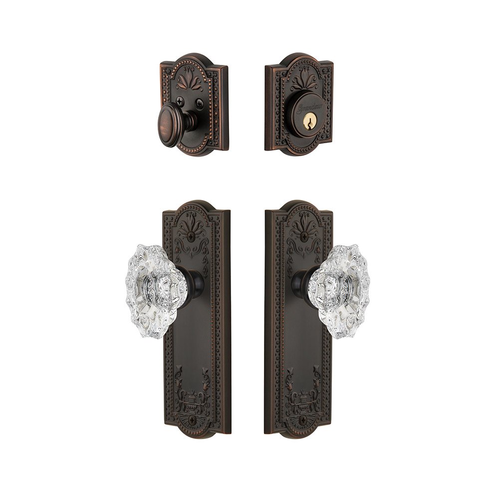 Parthenon Plate With Biarritz Crystal Knob & Matching Deadbolt In Timeless Bronze