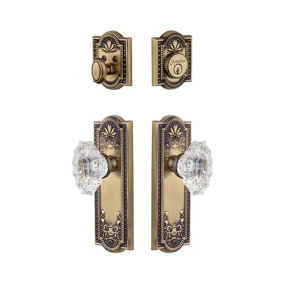Parthenon Plate With Biarritz Crystal Knob & Matching Deadbolt In Vintage Brass