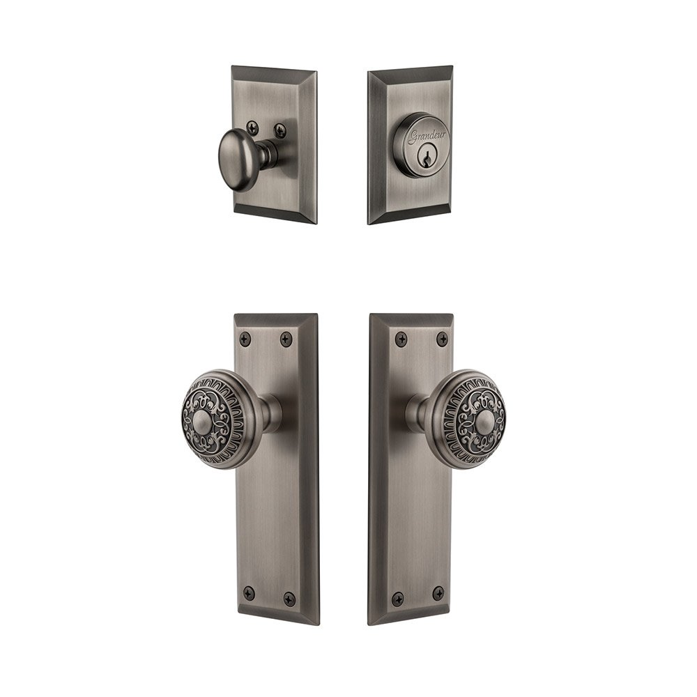 Fifth Avenue Plate With Windsor Knob & Matching Deadbolt In Antique Pewter