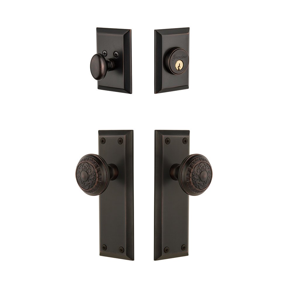 Fifth Avenue Plate With Windsor Knob & Matching Deadbolt In Timeless Bronze