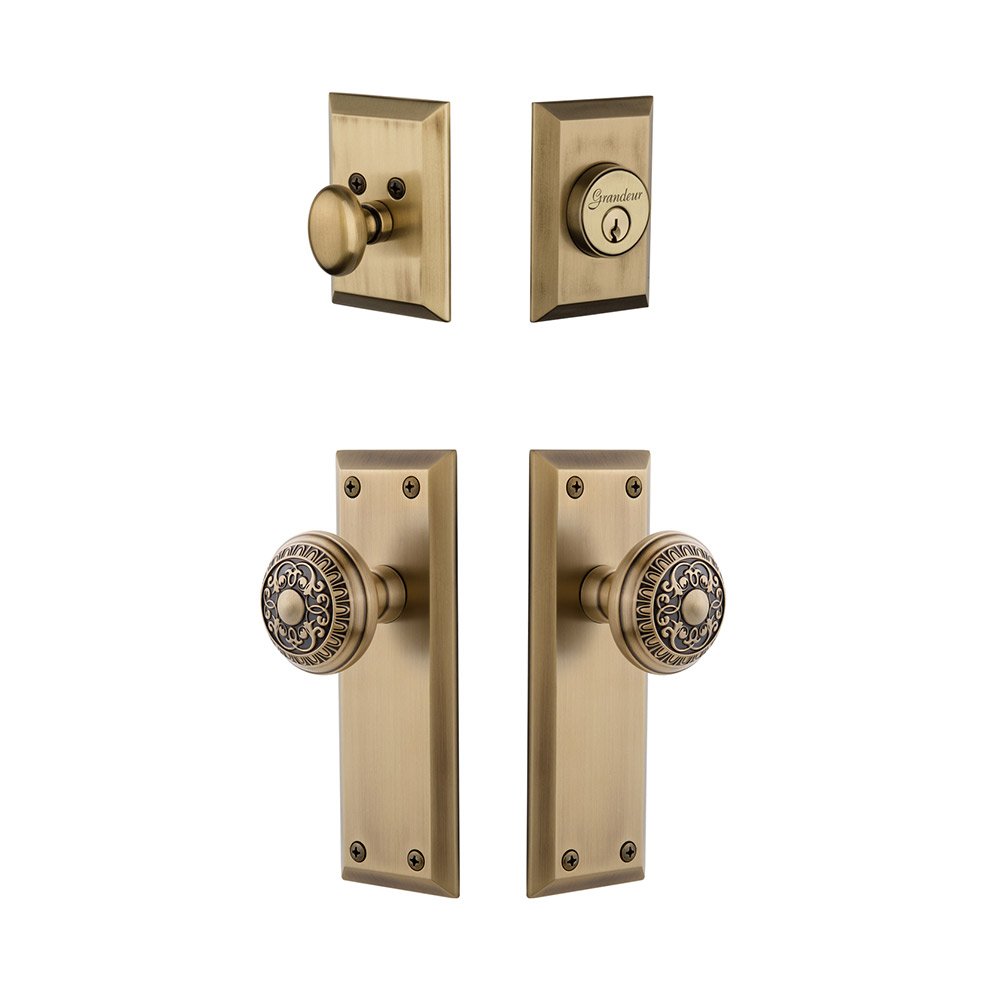 Fifth Avenue Plate With Windsor Knob & Matching Deadbolt In Vintage Brass