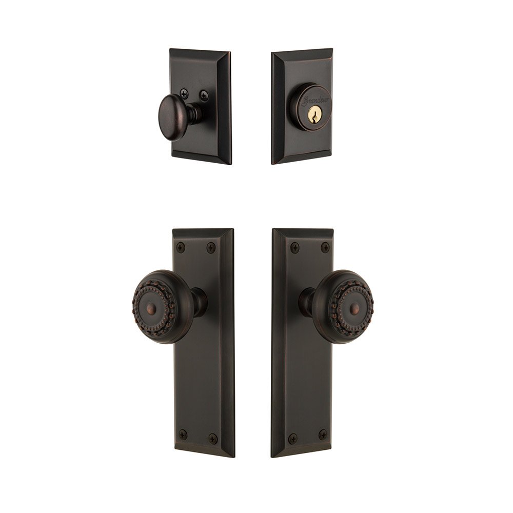 Fifth Avenue Plate With Parthenon Knob & Matching Deadbolt In Timeless Bronze
