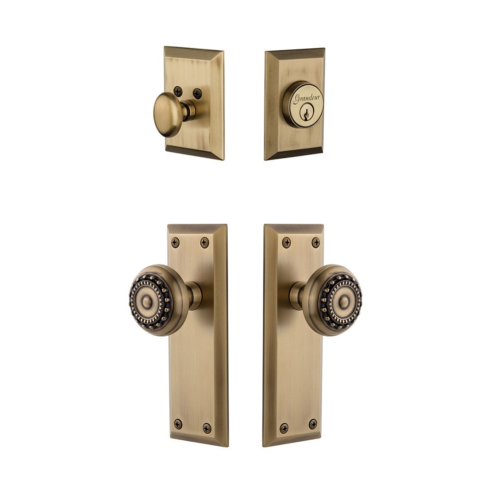 Fifth Avenue Plate With Parthenon Knob & Matching Deadbolt In Vintage Brass