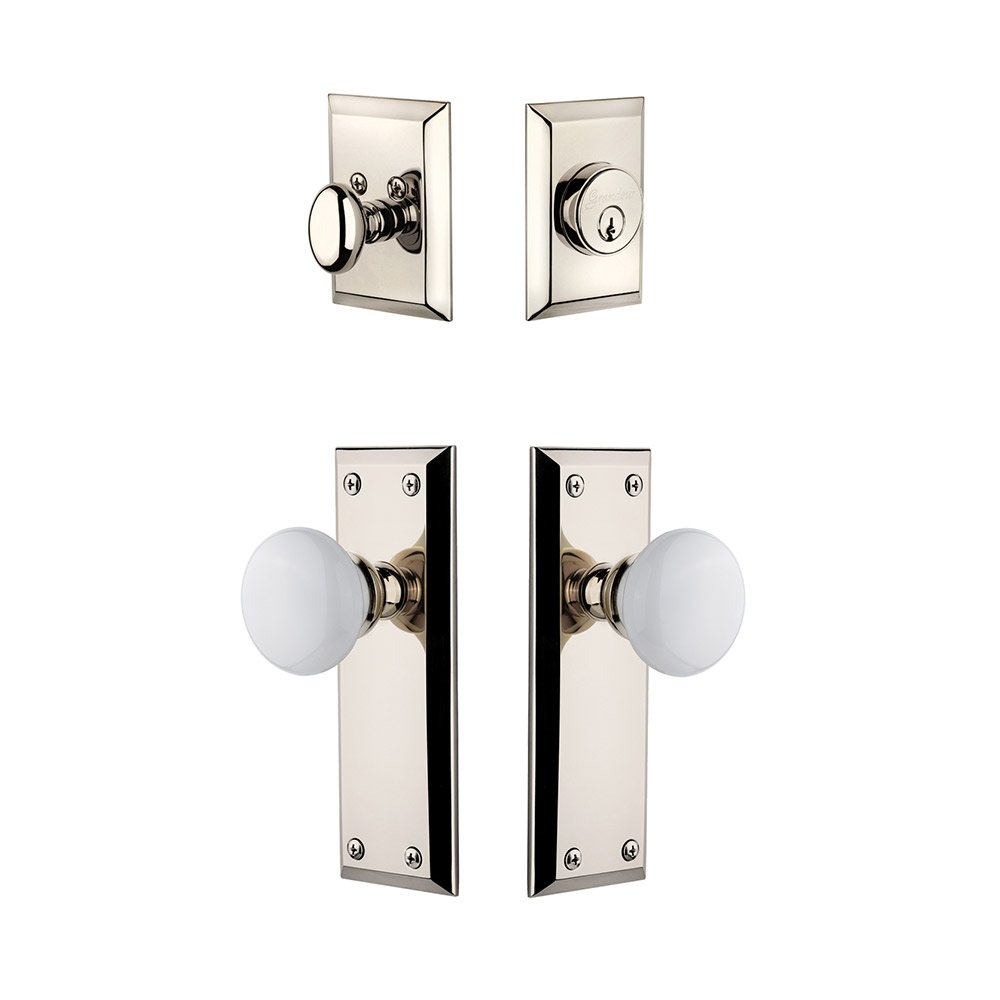 Fifth Avenue Plate With Hyde Park Porcelain Knob & Matching Deadbolt In Polished Nickel