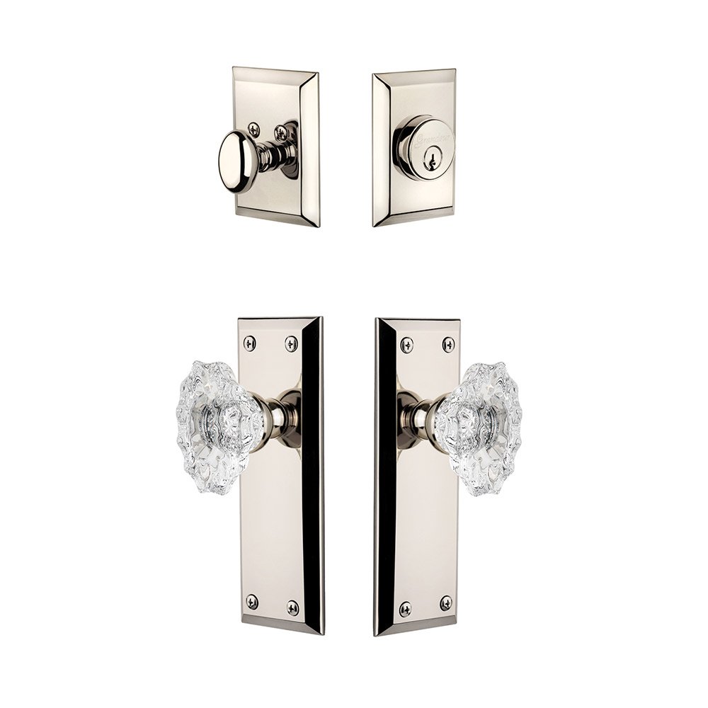 Fifth Avenue Plate With Biarritz Crystal Knob & Matching Deadbolt In Polished Nickel