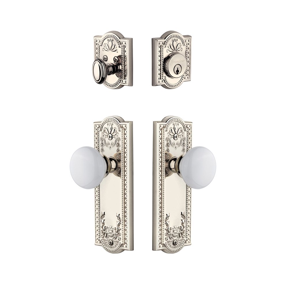 Parthenon Plate With Hyde Park Porcelain Knob & Matching Deadbolt In Polished Nickel