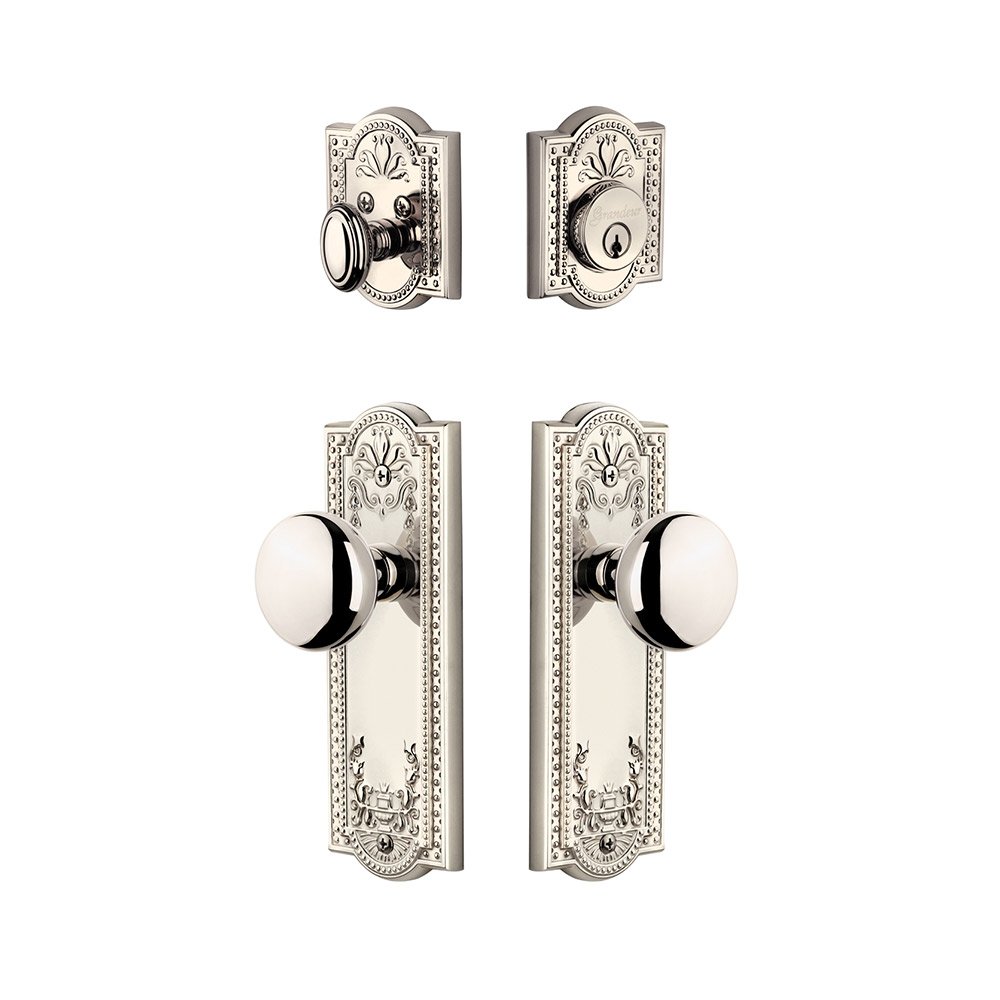 Parthenon Plate With Fifth Avenue Knob & Matching Deadbolt In Polished Nickel