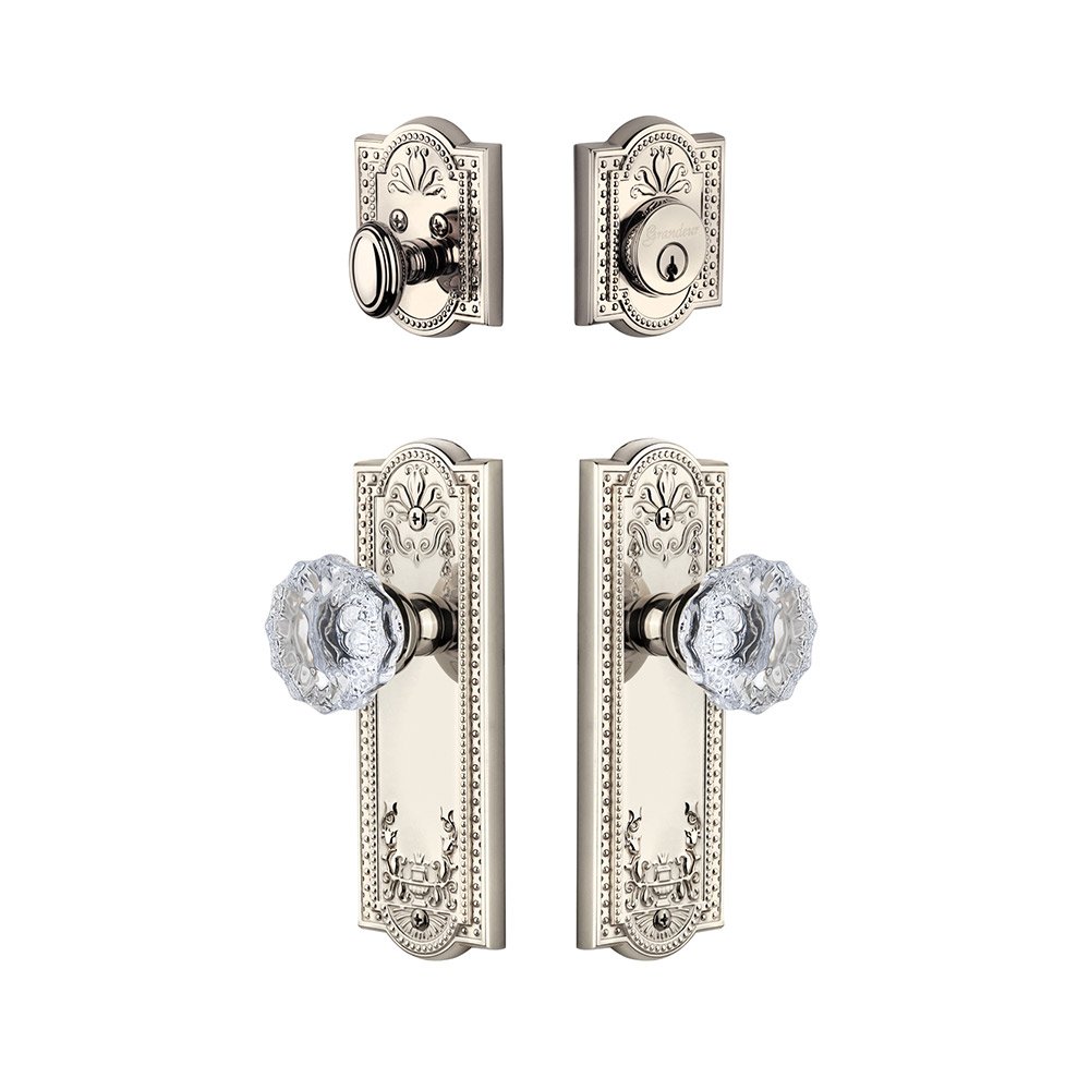 Parthenon Plate With Fontainebleau Crystal Knob & Matching Deadbolt In Polished Nickel