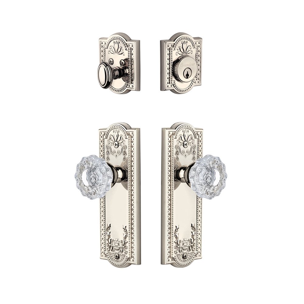 Parthenon Plate With Versailles Crystal Knob & Matching Deadbolt In Polished Nickel