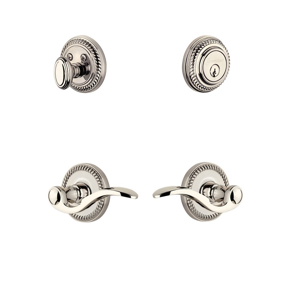 Handleset - Newport Rosette With Bellagio Lever & Matching Deadbolt In Polished Nickel