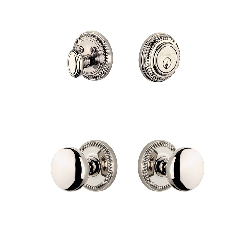 Handleset - Newport Rosette With Fifth Avenue Knob & Matching Deadbolt In Polished Nickel