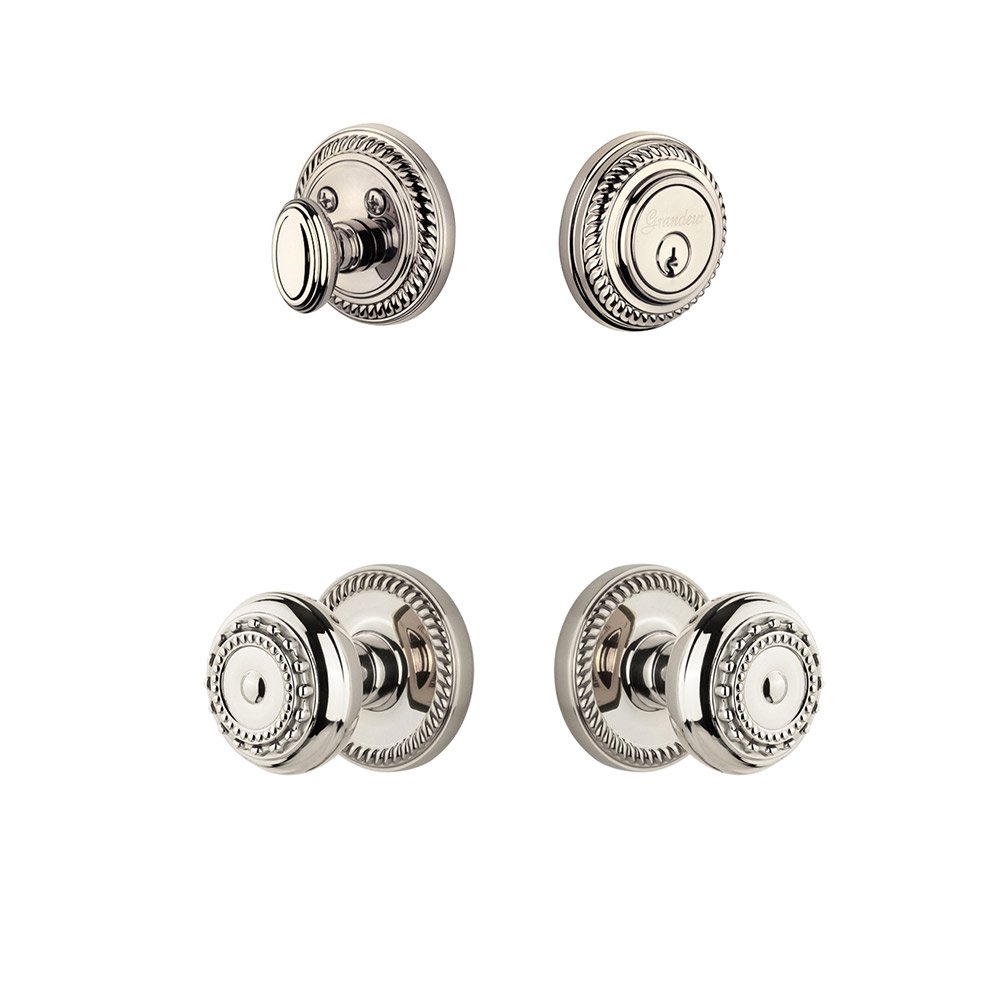 Handleset - Newport Rosette With Parthenon Knob & Matching Deadbolt In Polished Nickel