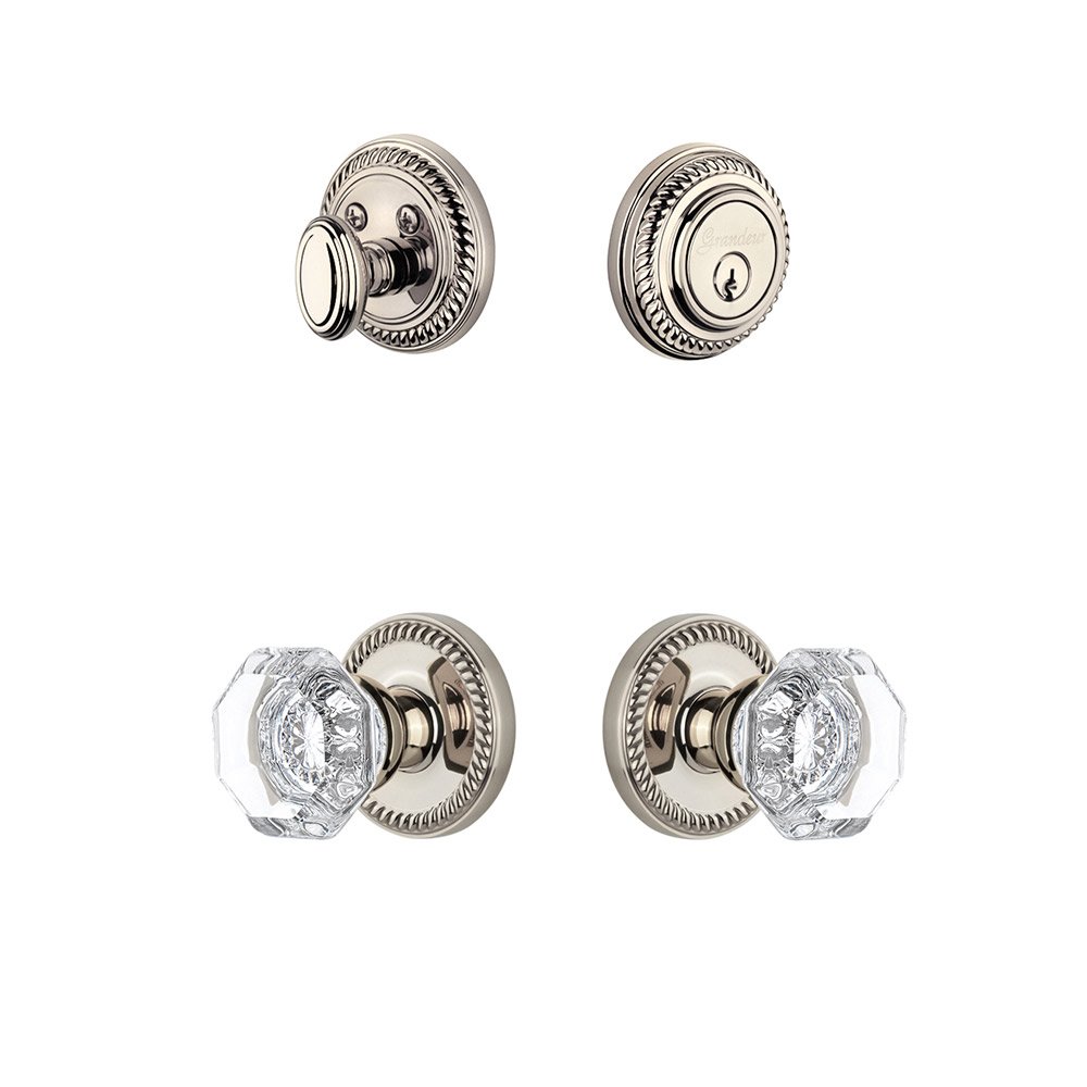 Handleset - Newport Rosette With Chambord Crystal Knob & Matching Deadbolt In Polished Nickel