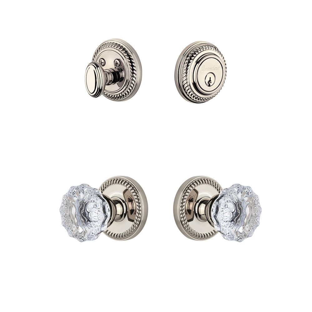 Handleset - Newport Rosette With Fontainebleau Crystal Knob & Matching Deadbolt In Polished Nickel