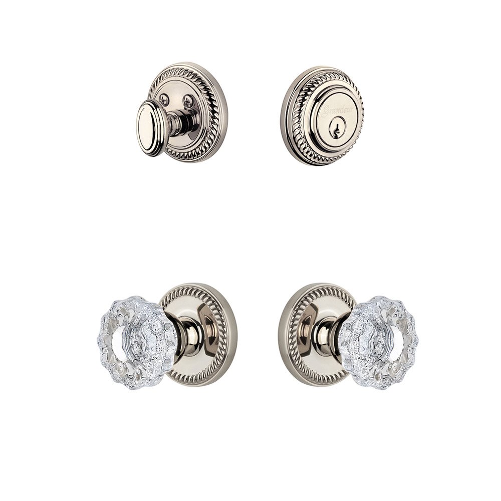 Handleset - Newport Rosette With Versailles Crystal Knob & Matching Deadbolt In Polished Nickel