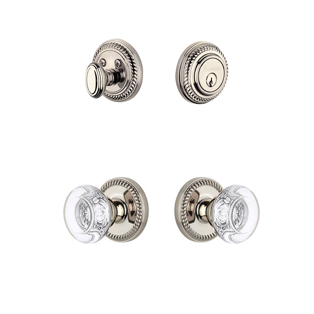 Handleset - Newport Rosette With Bordeaux Crystal Knob & Matching Deadbolt In Polished Nickel