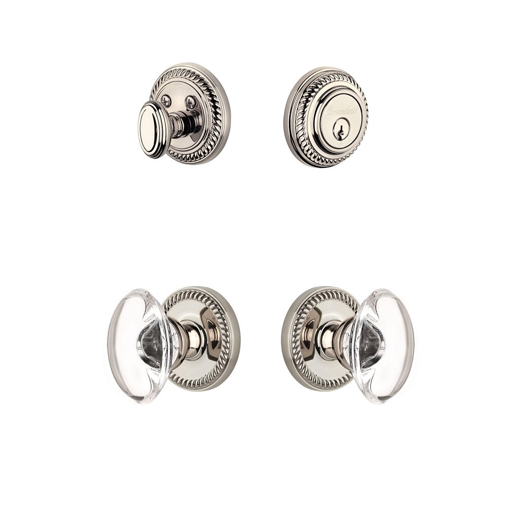 Handleset - Newport Rosette With Provence Crystal Knob & Matching Deadbolt In Polished Nickel