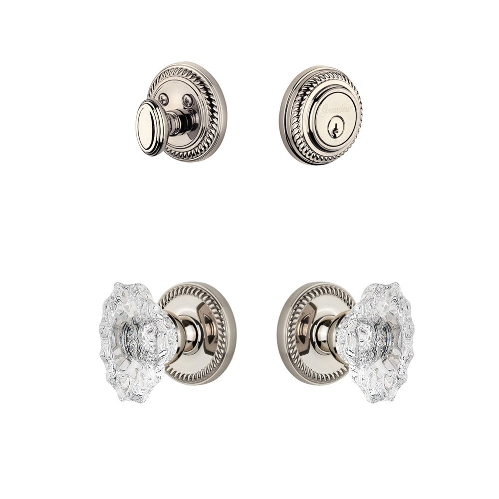 Handleset - Newport Rosette With Biarritz Crystal Knob & Matching Deadbolt In Polished Nickel