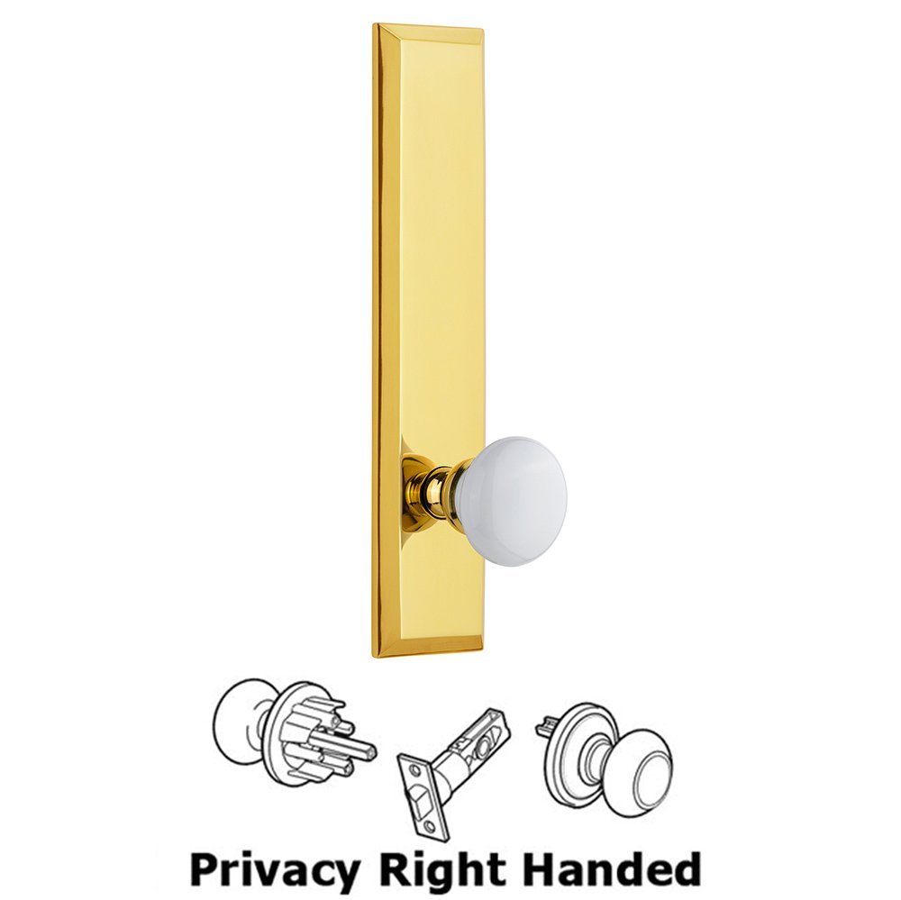 Privacy Fifth Avenue Tall Plate with Hyde Park Right Handed Knob in Polished Brass