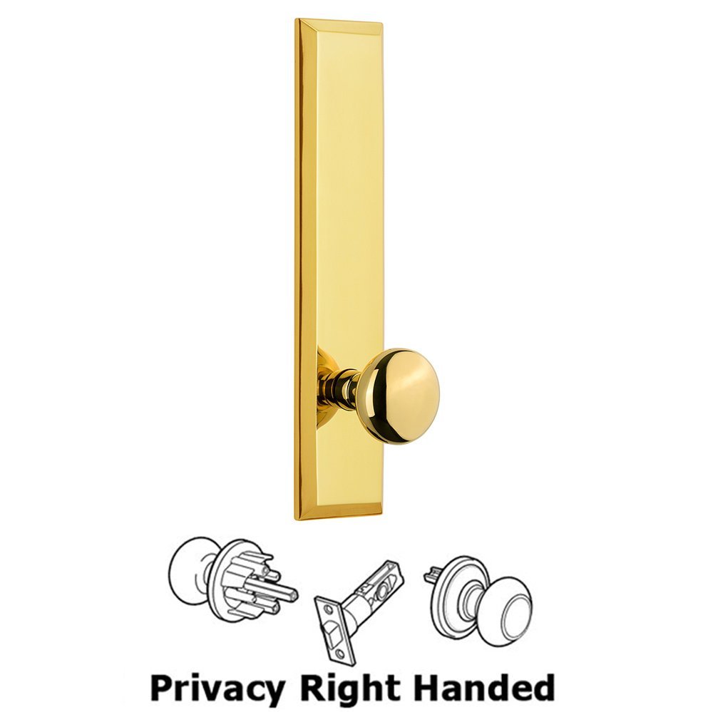 Privacy Fifth Avenue Tall Plate with Right Handed Fifth Avenue Knob in Polished Brass