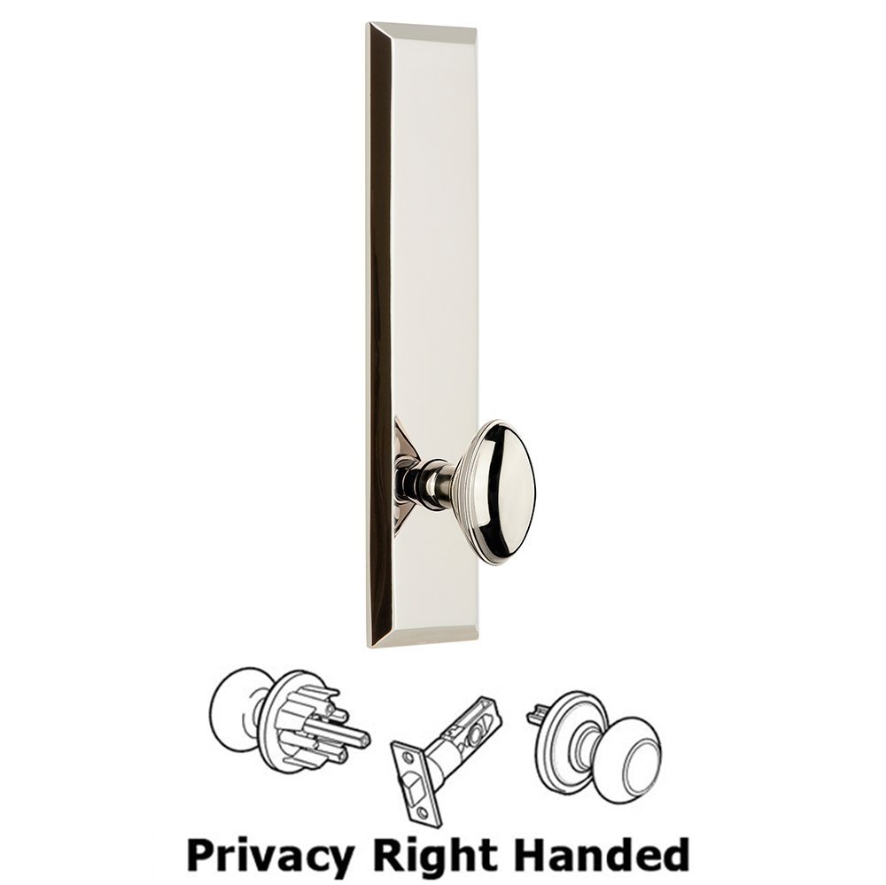 Privacy Fifth Avenue Tall Plate with Eden Prairie Right Handed Knob in Polished Nickel