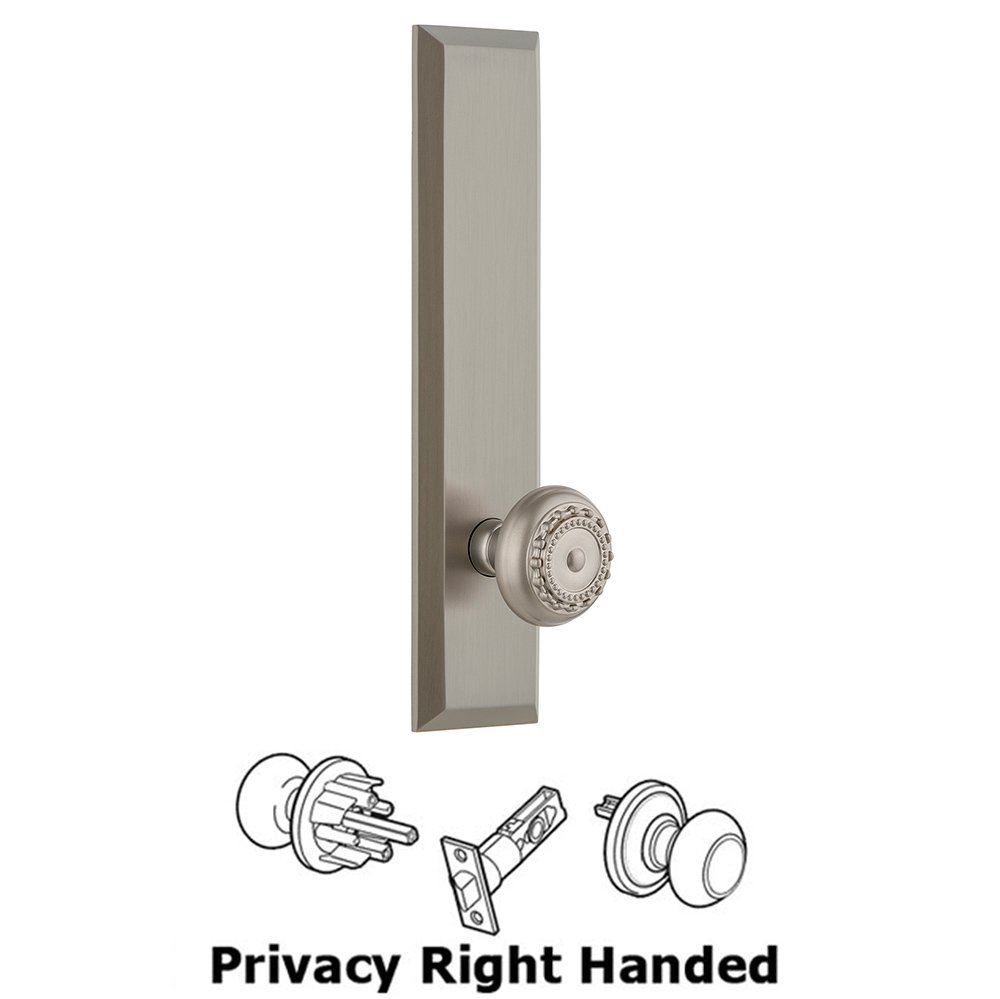 Privacy Fifth Avenue Tall Plate with Parthenon Right Handed Knob in Satin Nickel