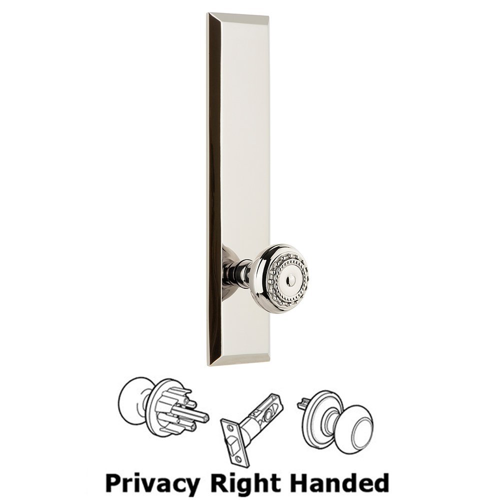 Privacy Fifth Avenue Tall Plate with Parthenon Right Handed Knob in Polished Nickel