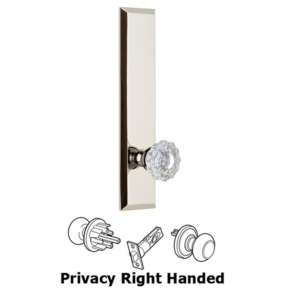 Privacy Fifth Avenue Tall Plate with Versailles Right Handed Knob in Polished Nickel