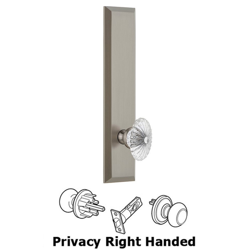 Privacy Fifth Avenue Tall Plate with Burgundy Right Handed Knob in Satin Nickel