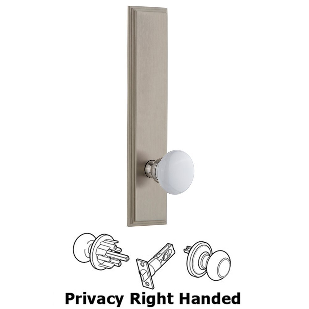 Privacy Carre Tall Plate with Hyde Park Right Handed Knob in Satin Nickel