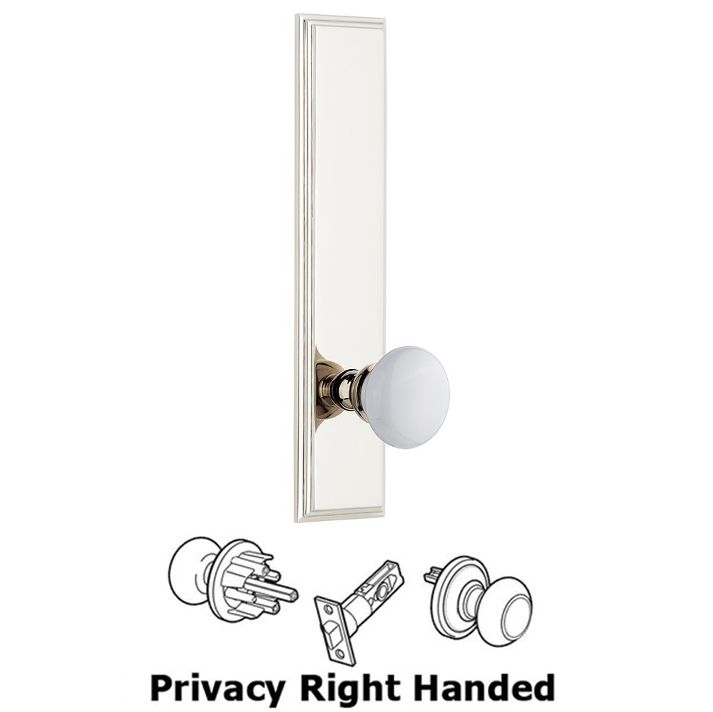 Privacy Carre Tall Plate with Hyde Park Right Handed Knob in Polished Nickel