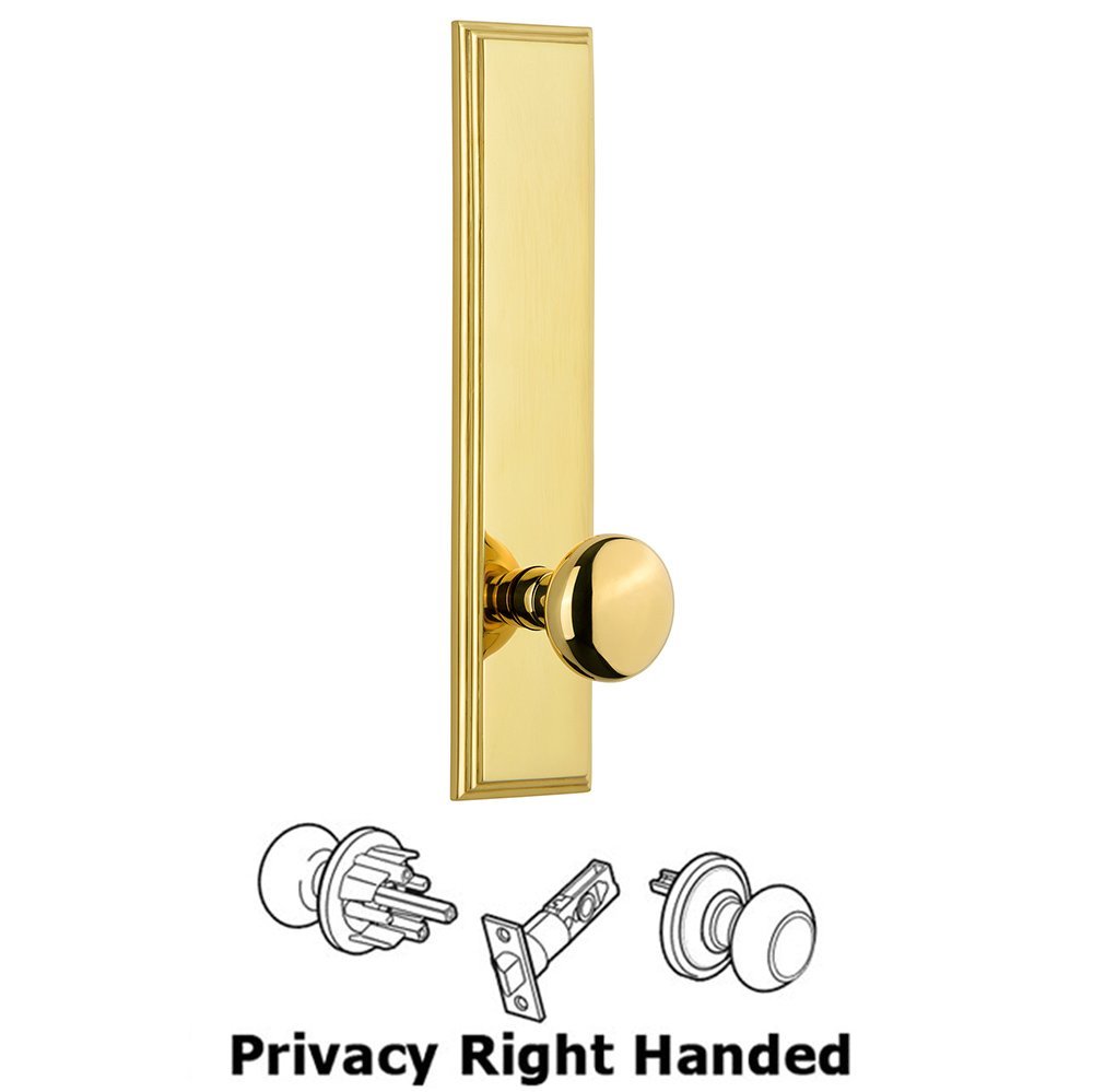 Privacy Carre Tall Plate with Fifth Avenue Right Handed Knob in Polished Brass