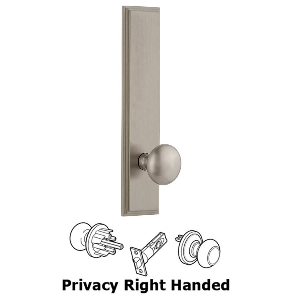 Privacy Carre Tall Plate with Fifth Avenue Right Handed Knob in Satin Nickel