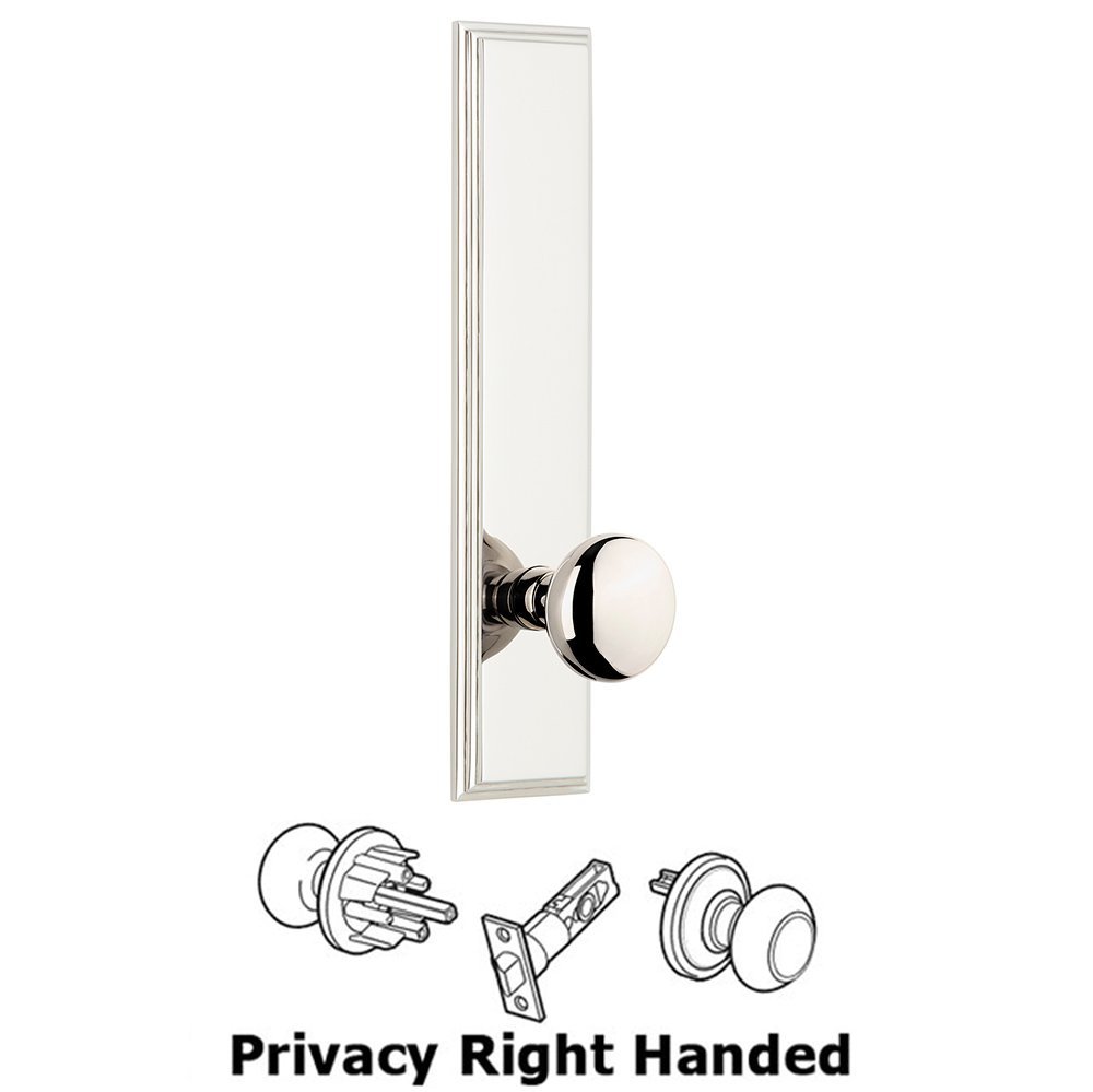 Privacy Carre Tall Plate with Fifth Avenue Right Handed Knob in Polished Nickel