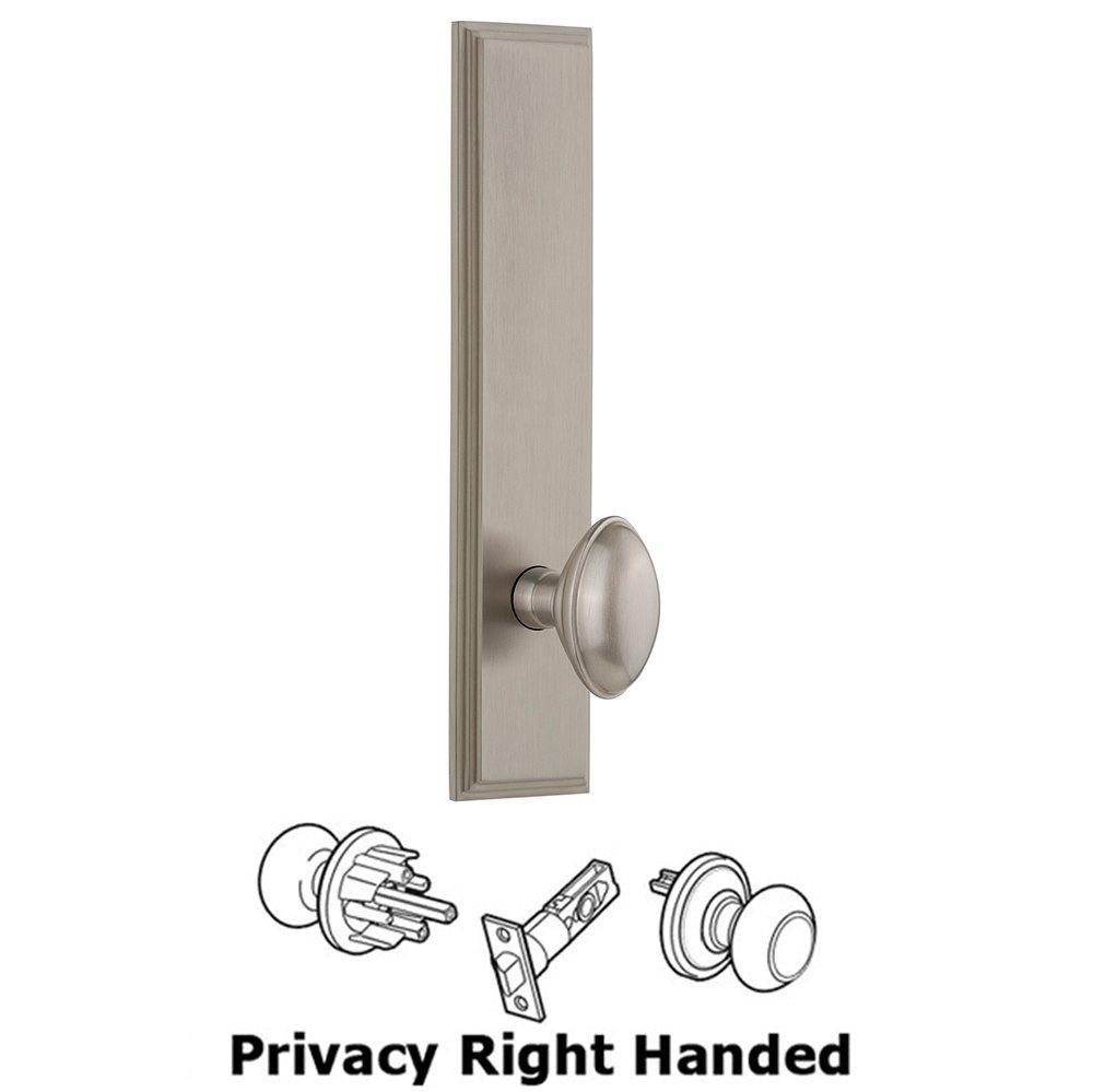 Privacy Carre Tall Plate with Eden Prairie Right Handed Knob in Satin Nickel