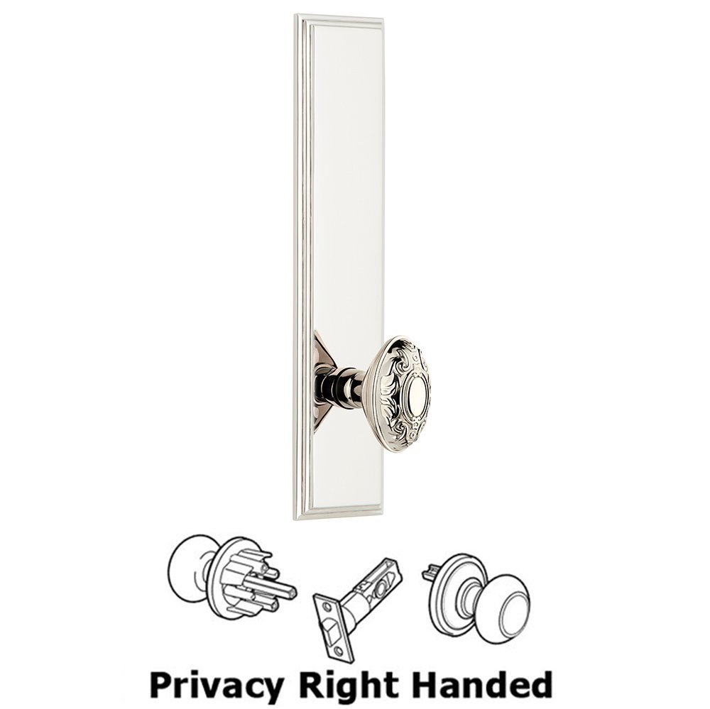 Privacy Carre Tall Plate with Grande Victorian Right Handed Knob in Polished Nickel