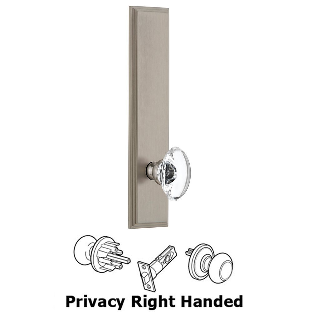Privacy Carre Tall Plate with Provence Right Handed Knob in Satin Nickel