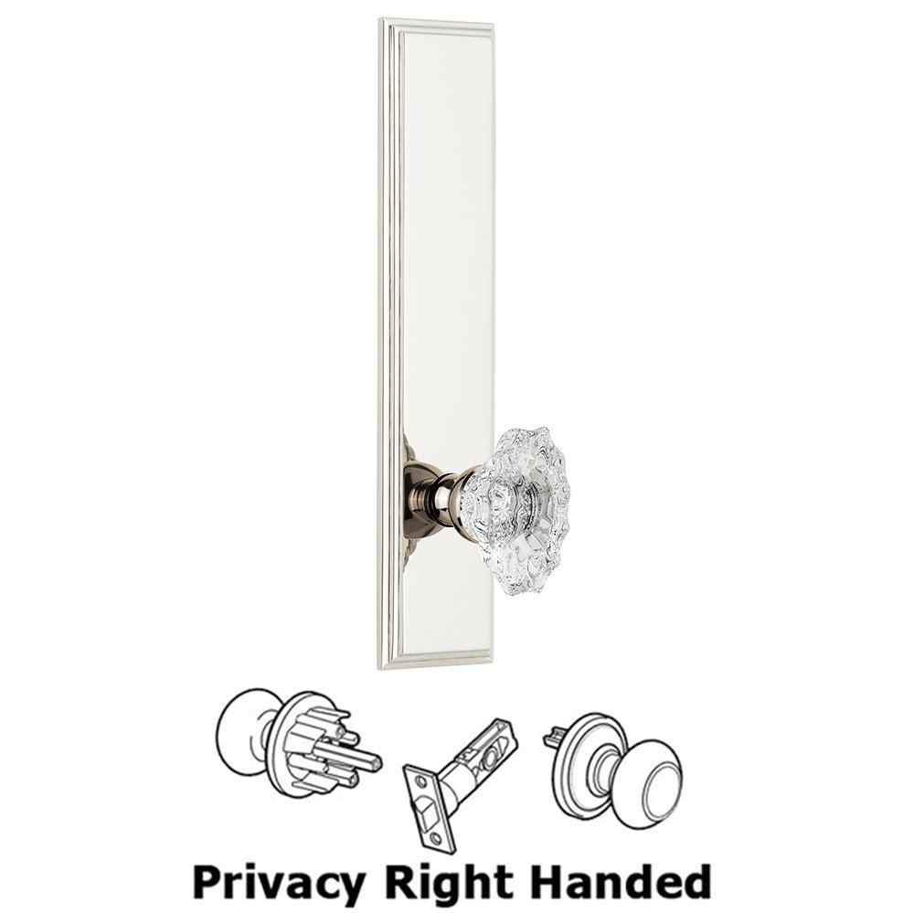 Privacy Carre Tall Plate with Biarritz Right Handed Knob in Polished Nickel