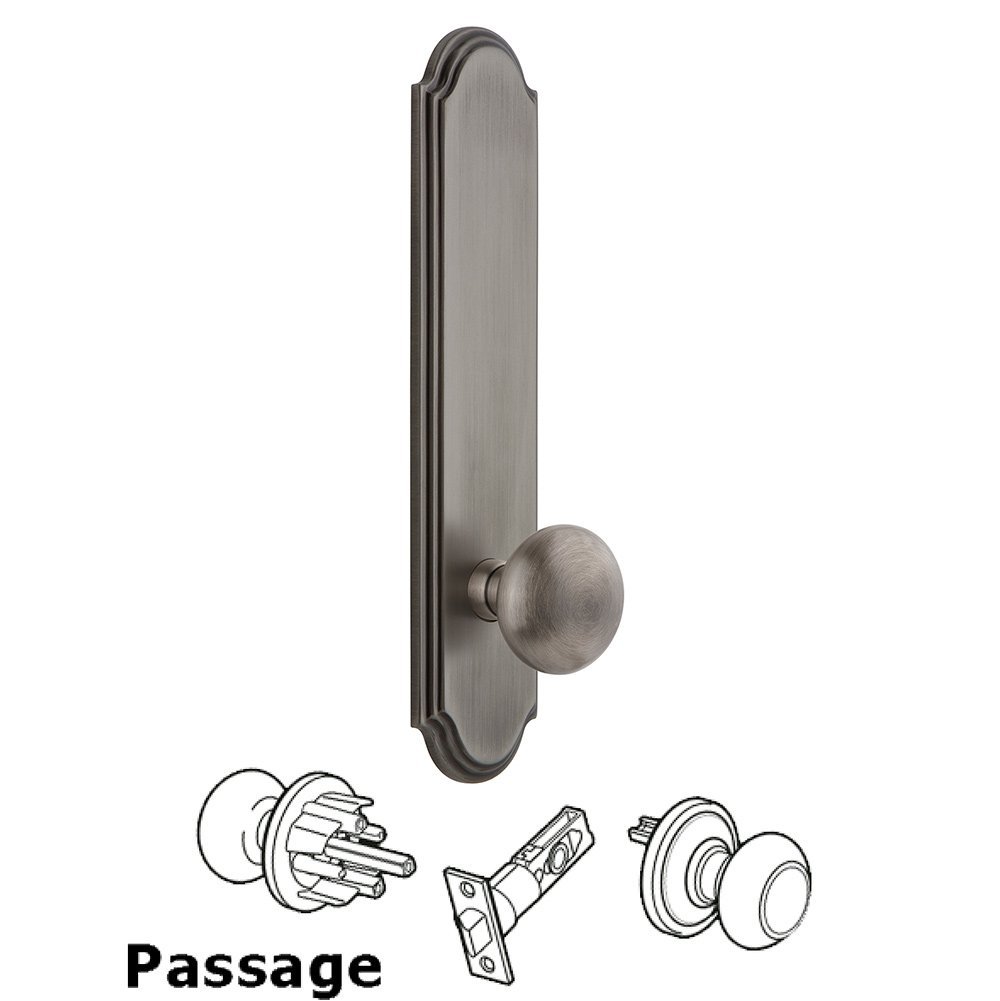 Tall Plate Passage with Fifth Avenue Knob in Antique Pewter