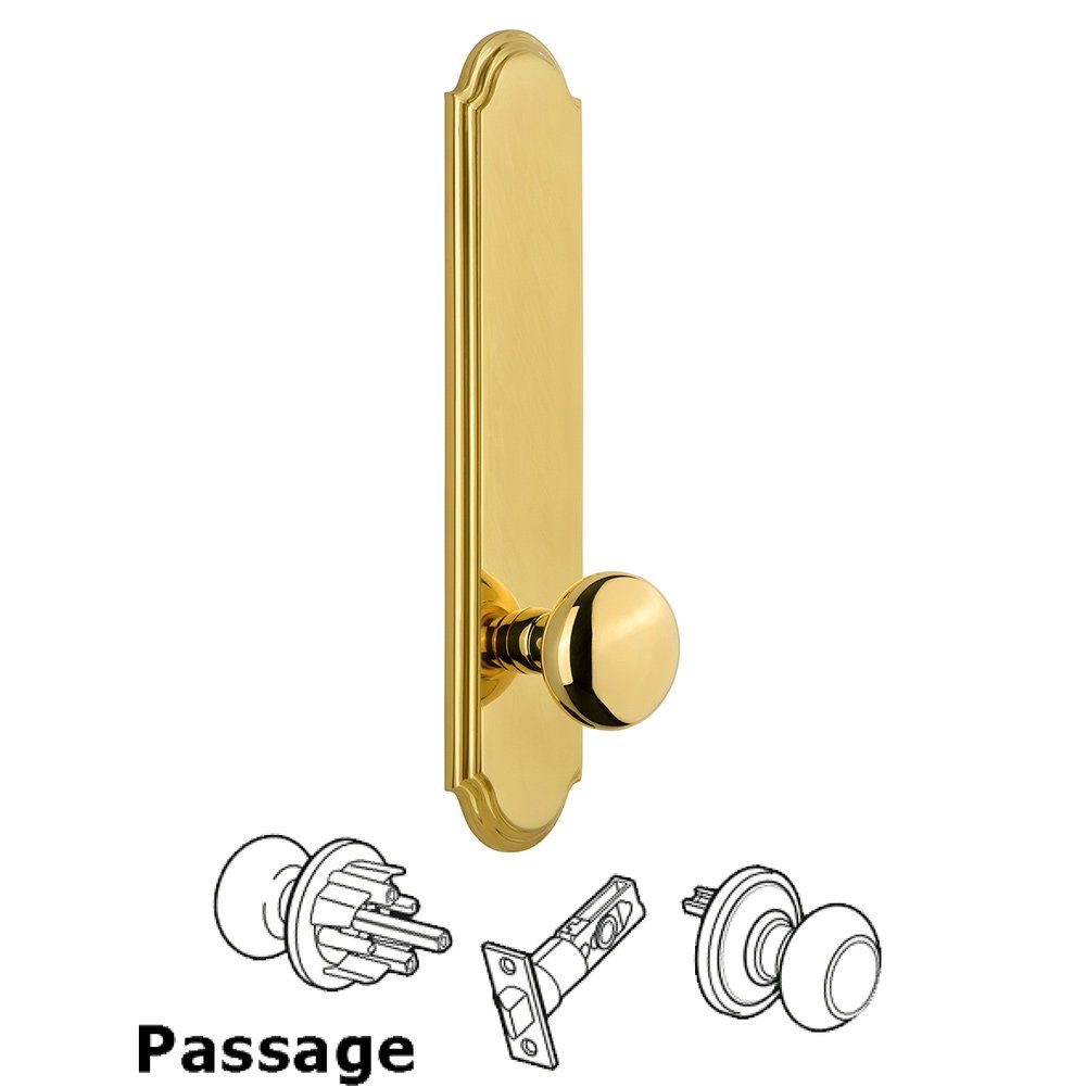 Tall Plate Passage with Fifth Avenue Knob in Polished Brass